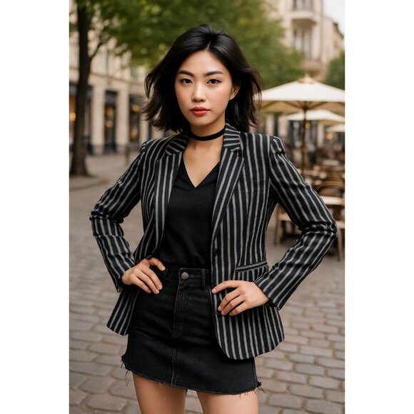Bloomingdale's 6 Striped Collared One Button Blazer Black White Jacket - Picture 15 of 16